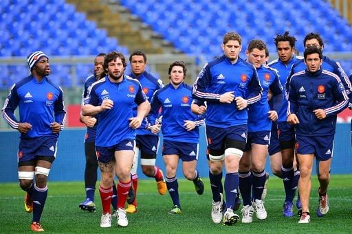 France&acirc;€™s national rugby union team players, pictured during a training session, in Rome, on February 2, 2013