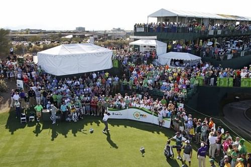 Phil Mickelson hits his tee shot on the 17th hole, in Scottsdale, Arizona, on February 2, 2013