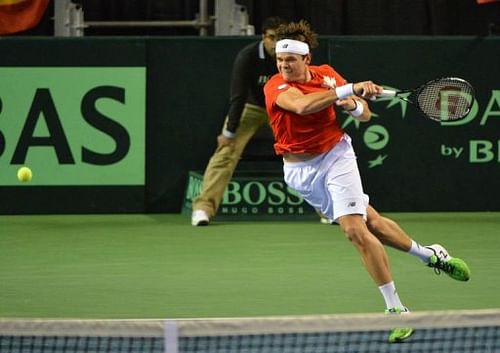 Milos Raonic of Canada plays at the Doug Mitchell Thunderbird Sports Centre in Vancouver on February 1, 2013