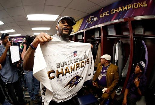 Ray Lewis celebrates after the Baltimore Ravens win the Super Bowl in New Orleans on February 3, 2013