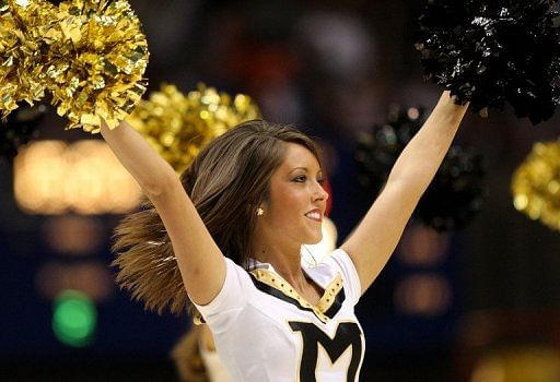 A cheerleader for the Missouri Tigers basketball team at the Taco Bell Arena on March 22, 2009