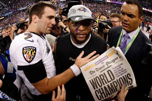 Joe Flacco and Ray Lewis of the Baltimore Ravens celebrate on February 3, 2013 in New Orleans