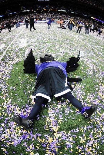 The Baltimore Ravens mascot celebrates at the Mercedes-Benz Superdome on February 3, 2013 in New Orleans