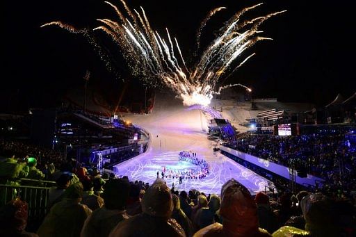 Fireworks illuminate the sky during the opening ceremony of the FIS World Ski Championships on February 4, 2013