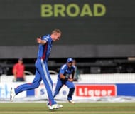 Stuart Broad celebrates his hat-trick with the wicket of New Zealand's Matthew Henry on February 5, 2013