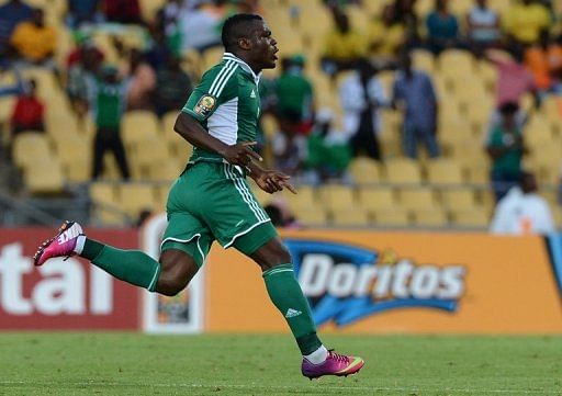 Emmanuel Emenike celebrates after scoring for Nigeria against Ivory Coast in Rustenburg on February 3, 2013