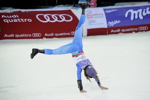 Tina Maze celebrates victory in the World Championship Super-G in Schladming, Austria on February 5, 2013