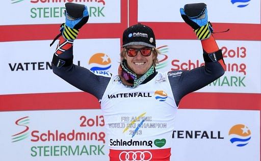 Ted Ligety celebrates his victory in the World Championships Super-G event in Schladming, Austria on February 6, 2013