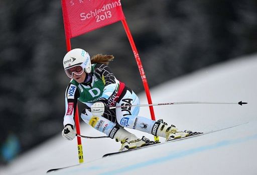 Julia Mancuso in the women&#039;s downhill training event in Schladming, Austria on February 6, 2013