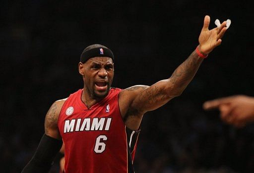 LeBron James of the Miami Heat complains to the referee against the Brooklyn Nets on January 30, 2013