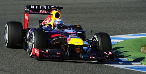 Red bull&#039;s German driver Sebastian Vettel drives during Formula One testing at the Jerez racetrack, on February 7, 2013