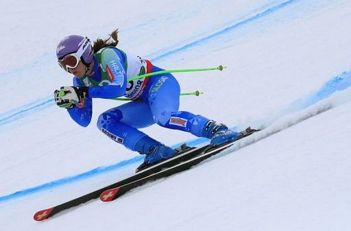 Tina Maze competes during a Ski World Championships women&#039;s downhill training event in Austria on February 7, 2013