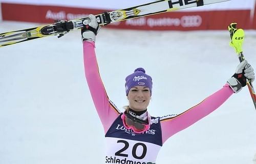 Maria Hoefl-Riesch celebrates after winning the women's super-combined in Schladming, Austria on February 8, 2013