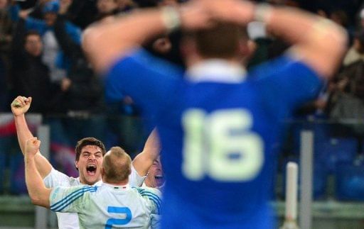 Italy&acirc;s Giovanbattista Venditti and Leonardo Ghiraldini celebrate their win over France, in Rome, on February 3, 2013