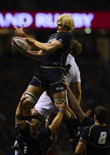 Scotland&#039;s Richie Gray (C) catches the ball during their match against England, at Twickenham, on February 2, 2013