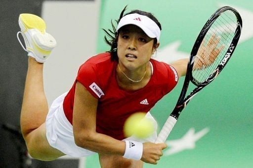 Japan&#039;s Morita Ayumi serves to her Russian opponent Ekaterina Makarova in Moscow on February 9, 2013