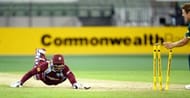 Australian James Faulkner (right) and West Indies Devon Thomas at the Melbourne Cricket Ground on February 10, 2013