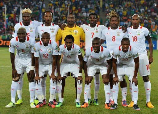 Burkina Faso&#039;s national football team players ahead of the final against Nigeria on February 10, 2013 in Johannesburg