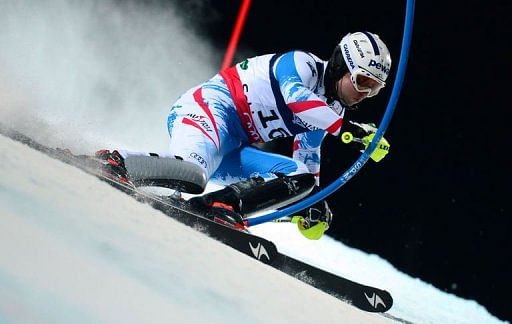 Romed Baumann competes in the slalom event of the men&#039;s super-combined in Schladming on February 11, 2013