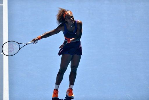 Serena Williams of the US reacts during her match against Sloane Stephens at the Australian Open on January 23, 2013
