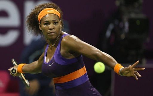 Serena Williams returns the ball to Daria Gavrilova in Doha, on February 12, 2013