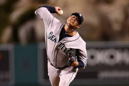 Felix Hernandez throws a pitch at Angel Stadium of Anaheim on September 26, 2012