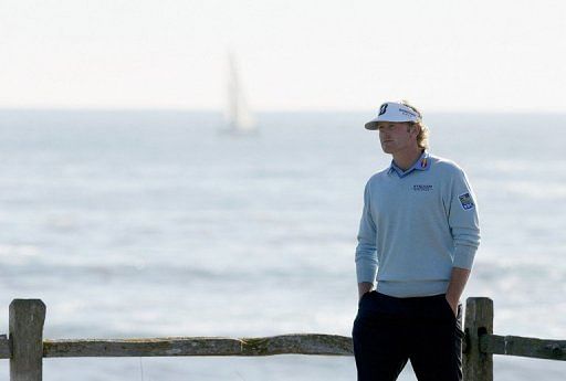 Brandt Snedeker waits to tee off on the 18th hole at Pebble Beach Golf Links on February 10, 2013