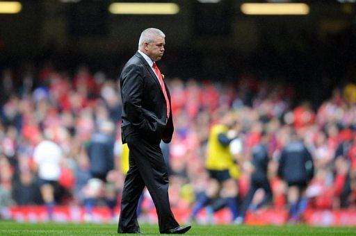 Warren Gatland walks on the pitch at the Millennium Stadium in Cardiff, Wales, on March 17, 2012