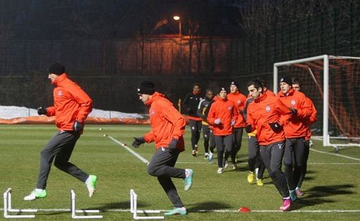 Shakhtar&#039;s players take part in a training session in Donetsk on February 12, 2013