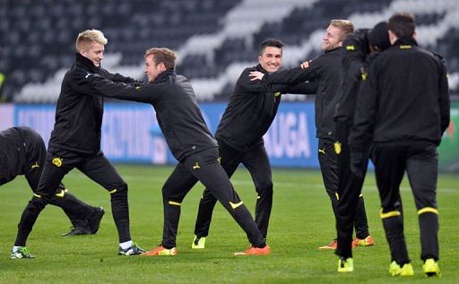 Borussia Dortmund players take part in the training session in Donetsk on February 12, 2013