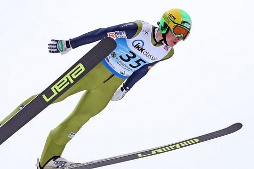 Slovania&#039;s Jaka Hvala competes in the Ski Jumping World Cup in Klingenthal, eastern Germany on February 13, 2013