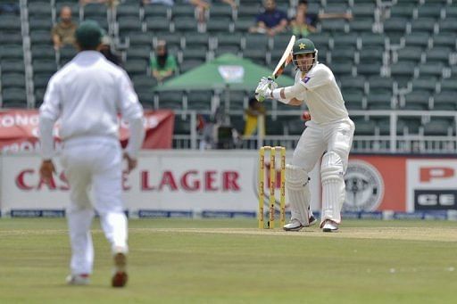 Pakistan captain Misbah-ul-Haq plays a shot during the first Test against South Africa on February 2, 2013