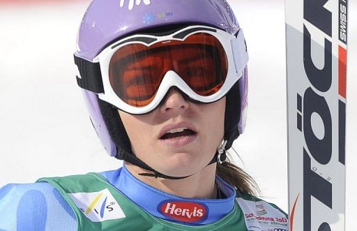 Tina Maze reacts after competing during the downhill event of the world ski championships, on February 10, 2013