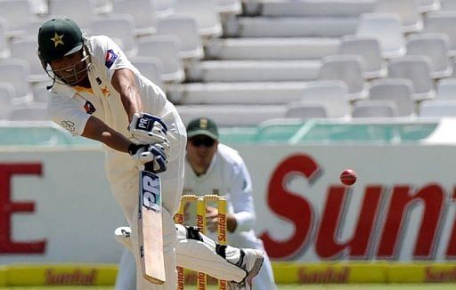 Pakistan&#039;s Misbah-ul-Haq plays a shot before being dismissed for 0 at Newlands in Cape Town on February 14, 2013