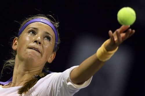 Victoria Azarenka serves on February 14, 2013 in the Qatari capital, Doha