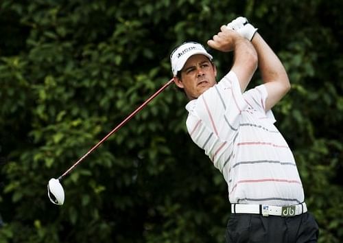 South Africa's Jaco Van Zyl tees off in Stockholm, on July 22, 2011