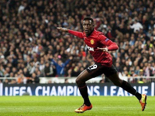 Danny Welbeck celebrates during the UEFA Champions League match against Real Madrid in Madrid on February 13, 2013
