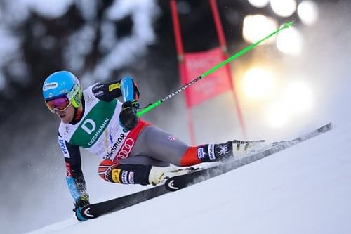 Ted Ligety skis in the first run of the men's giant slalom in Schladming on February 15, 2013.