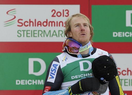 Ted Ligety on the podium after winning the men&#039;s giant slalom at Schladming on February 15, 2013