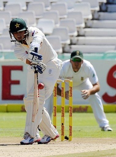 Saeed Ajmal plays a shot against South Africa in Cape Town on February 15, 2013