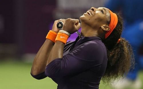 Serena Williams of the US celebrates on February 15, 2013 in the Qatari capital Doha