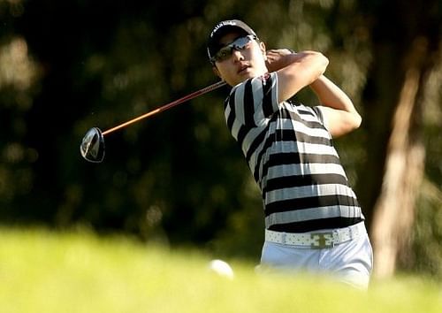 Sang-Moon Bae of South Korea hits a tee shot on the second hole on February 15, 2013 in Pacific Palisades, California