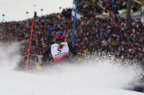 Shiffrin skis to win the second run of the women's slalom in Schladming, Austria on February 16, 2013