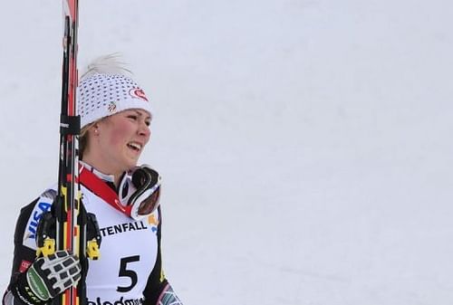 Mikaela Shiffrin reacts after winning the women's slalom at in Schladming, Austria on February 16, 2013