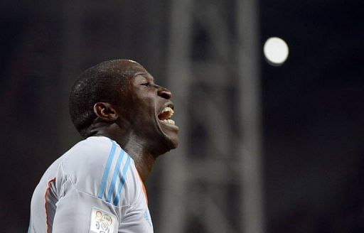 Marseille&#039;s defender Rod Fanni reacts after scoring on February 16, 2013 at the Velodrome stadium in Marseille