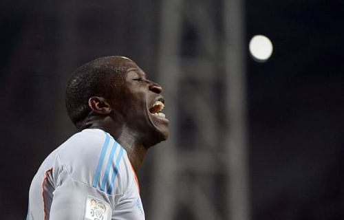 Marseille's defender Rod Fanni reacts after scoring on February 16, 2013 at the Velodrome stadium in Marseille