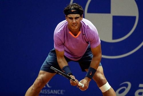 Spanish tennis player Rafael Nadal waits for a ball in Sao Paulo, Brazil, on February 16, 2013