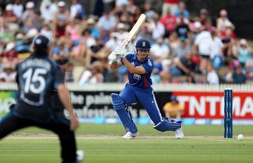 England&#039;s Alastair Cook hits a shot during the one-day international against New Zealand in Hamilton on Febuary 17, 2013