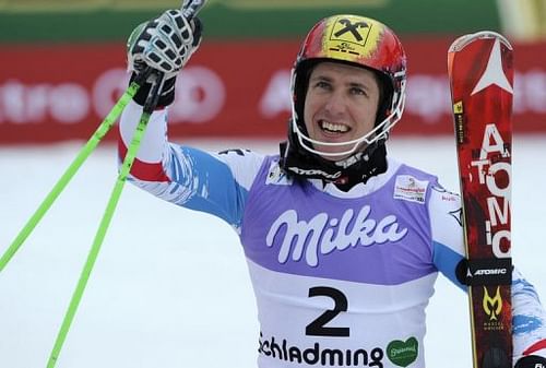 Marcel Hirscher celebrates after winning the men's slalom at the in Schladming, Austria on February 17, 2013