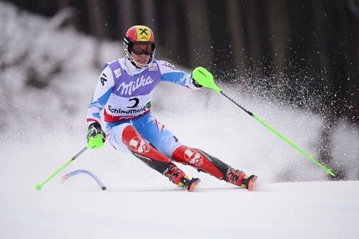 Marcel Hirscher skis during the first run of the men&#039;s slalom in Schladming, Austria on February 17, 2013